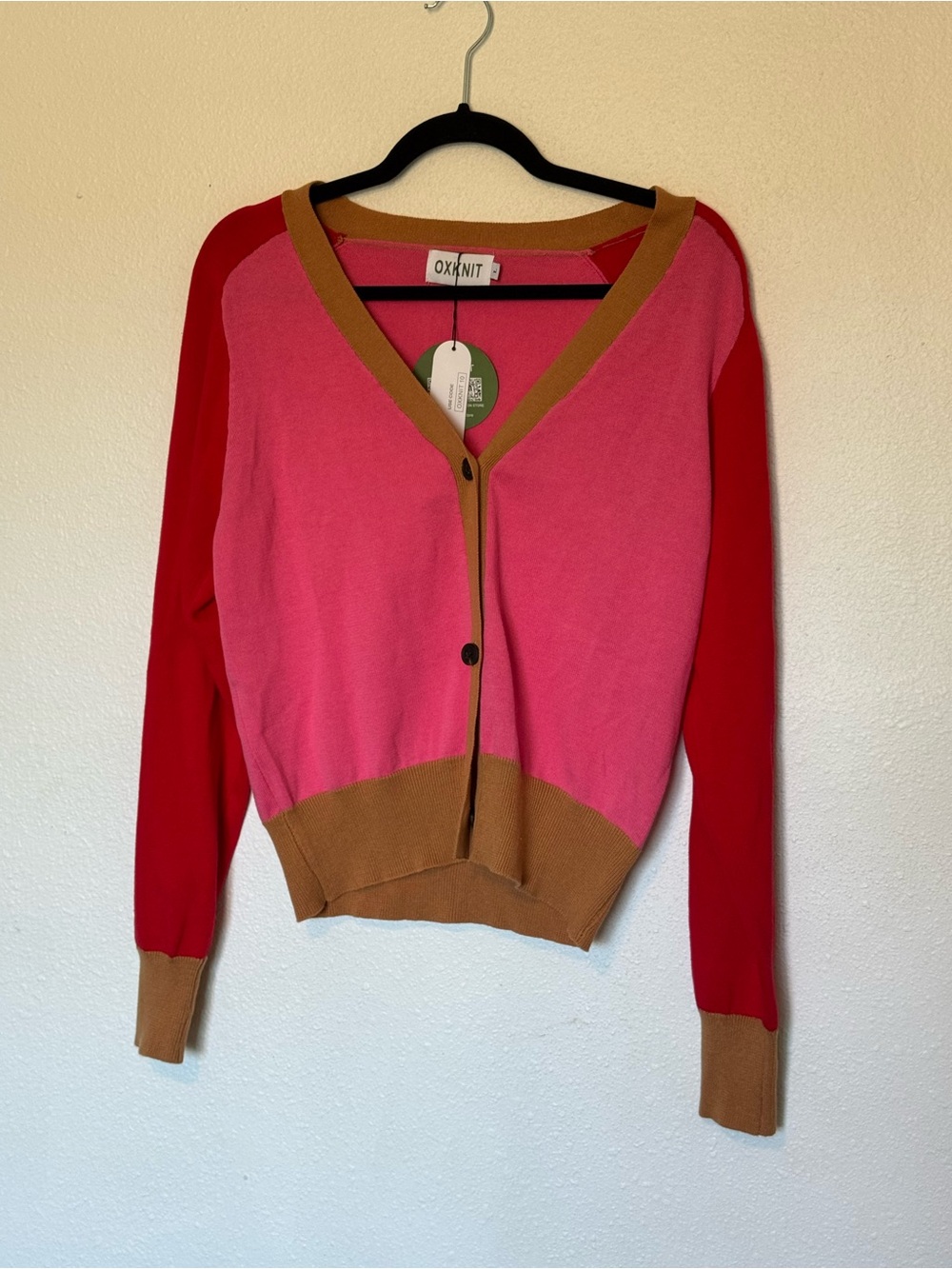 OXKNIT Pink and Red Colorblock V-Neck Cardigan with Tan Trim